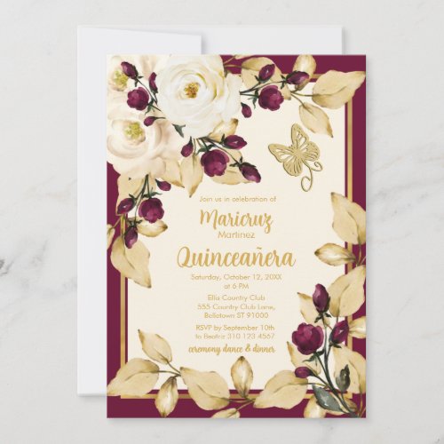 Champagne and Burgundy Roses Gold Leaves Butterfly Invitation