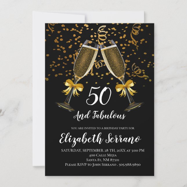 Champagne And Confetti Black Gold 50th Birthday Invitation (Front)