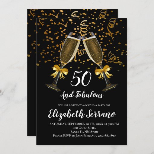 Champagne And Confetti Black Gold 50th Birthday Invitation | Zazzle