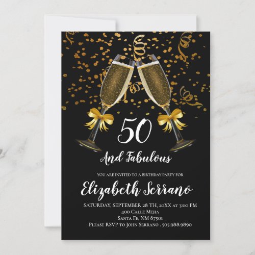 Champagne And Confetti Black Gold 50th Birthday Invitation