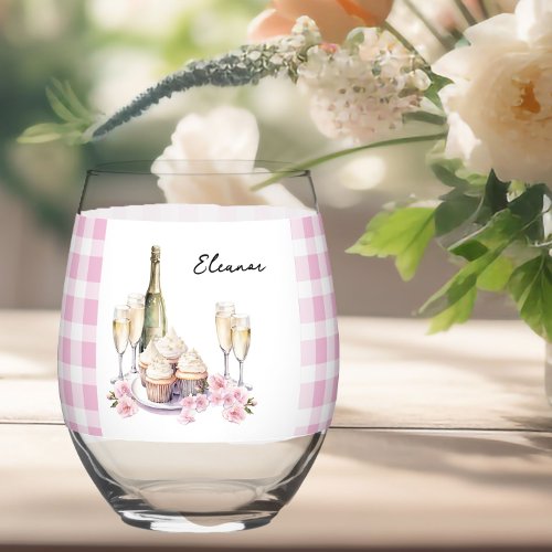 Champagne and Cupcakes Pink Gingham Stemless Wine Glass