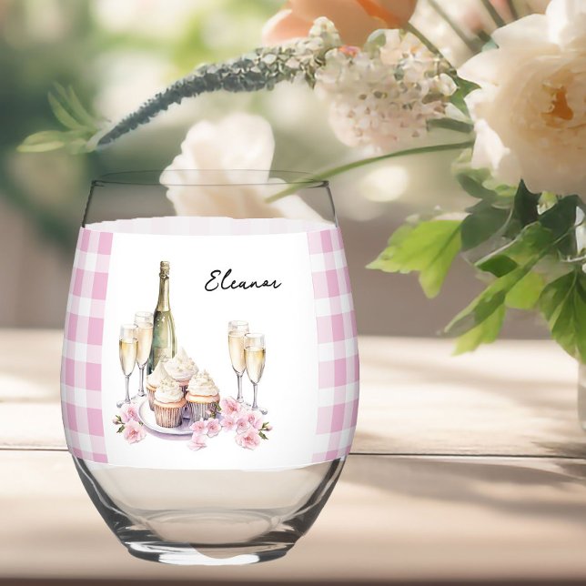 Champagne and Cupcakes Pink Gingham Stemless Wine Glass (Stemless wine glass from Cupcakes and Cava Bridal Shower Collection by Darling & May)