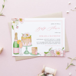 Champagne and Drip Cake Floral Baby Shower Invitation