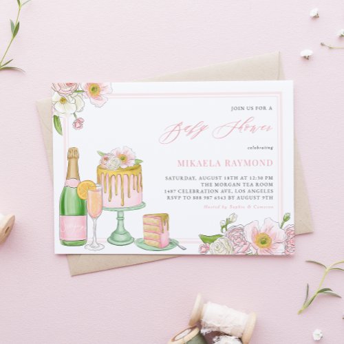 Champagne and Drip Cake Floral Baby Shower Invitation