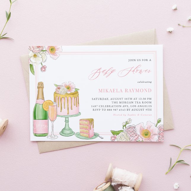 Champagne and Drip Cake Floral Baby Shower Invitation (Creator Uploaded)