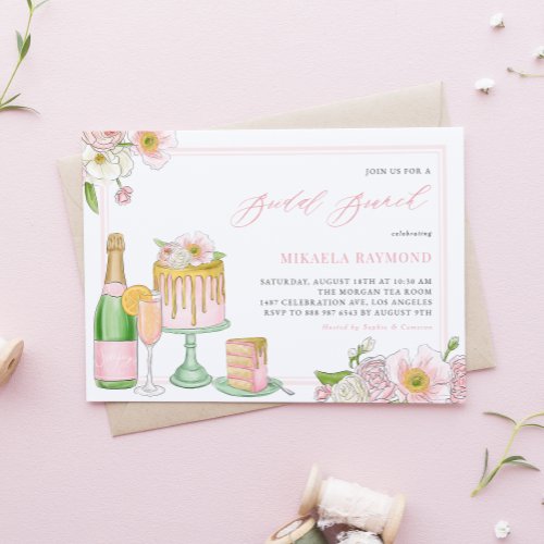 Champagne and Drip Cake Floral Bridal Brunch Invitation