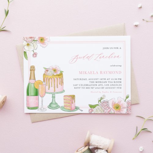 Champagne and Drip Cake Floral Bridal Luncheon Invitation