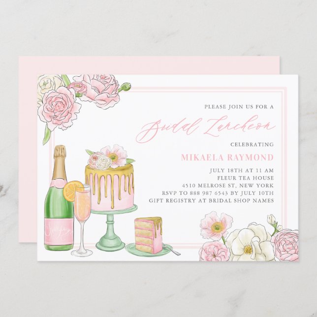 Champagne and Drip Cake Floral Bridal Luncheon Invitation (Front/Back)