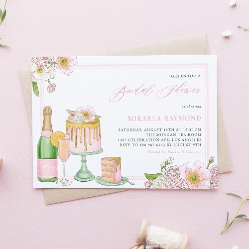 Champagne and Drip Cake Floral Bridal Shower Invitation