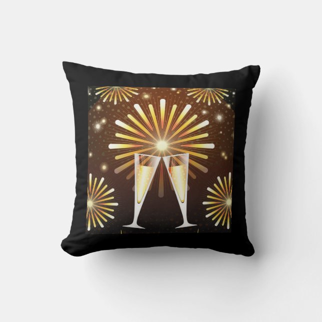 Champagne and Fireworks Celebration Black & Gold Throw Pillow (Front)