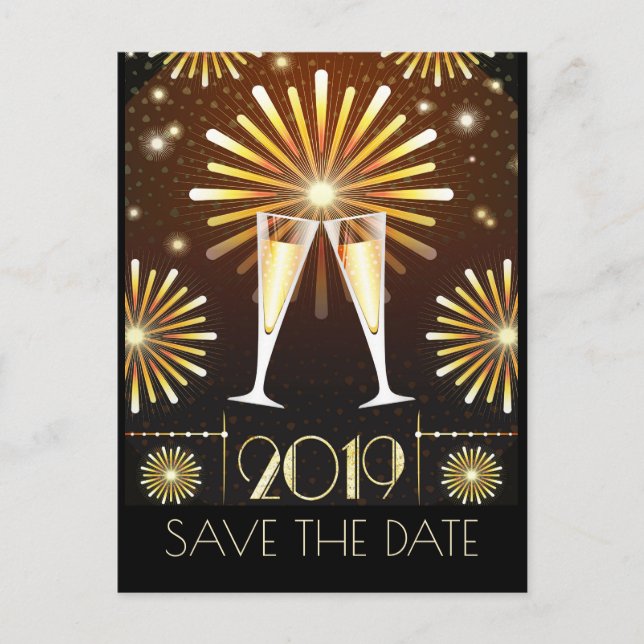 Champagne and Fireworks New Years Save the Date Postcard (Front)