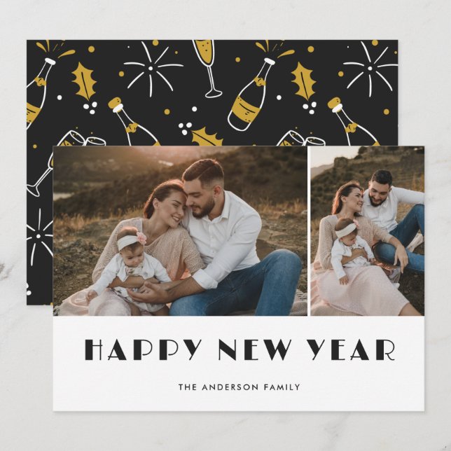 Champagne and Glasses Photo Happy New Year Card (Front/Back)