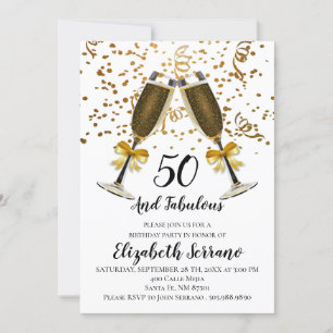 Champagne And Gold Confetti White 50th Birthday Invitation
