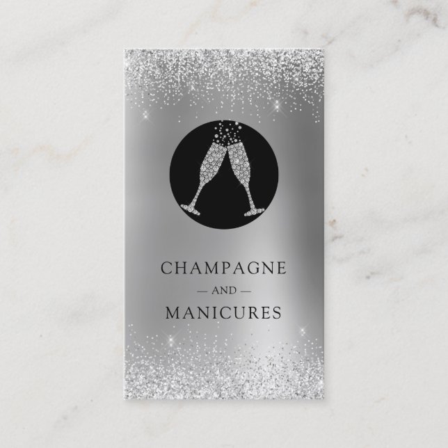 Champagne and Manicures Silver Foil Glitter Business Card (Front)