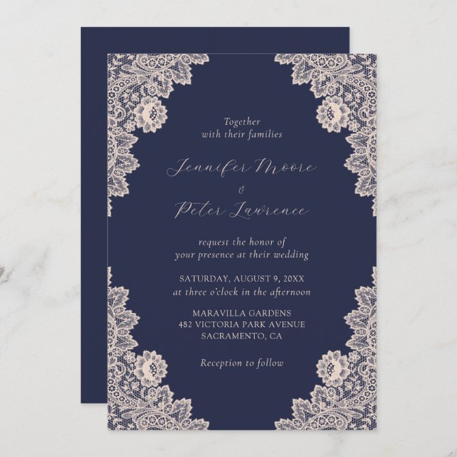 Champagne and Navy Blue Lace Wedding Invitation (Front/Back)