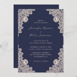 Champagne and Navy Blue Lace Wedding Invitation