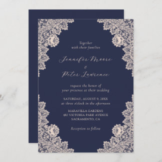 Champagne and Navy Blue Lace Wedding Invitation