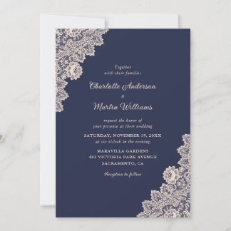 Champagne and Navy Blue Lace Wedding Invitations