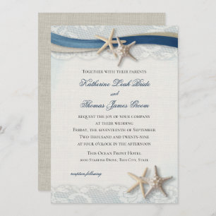 Champagne and Navy Blue Vintage Beach and Lace Inv Invitation