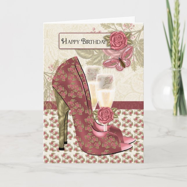 Champagne And Shoes Butterfly And Rose Birthday Card (Front)