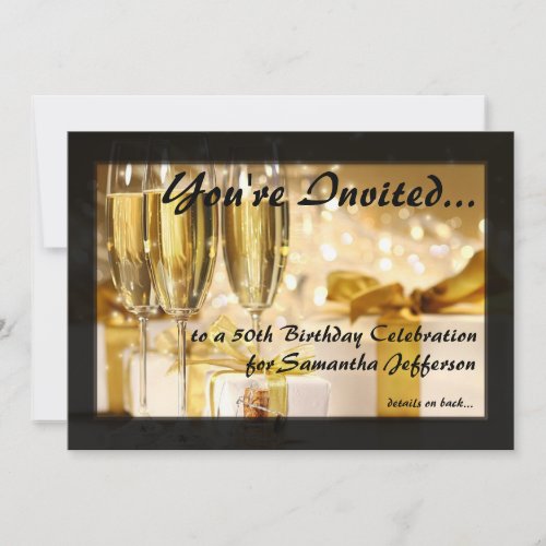 Champagne and Sparkles Golden 50th Invitations
