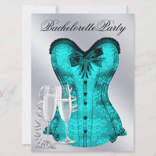Champagne  and Teal Blue Corset Bachelorette Party Personalized Invitations