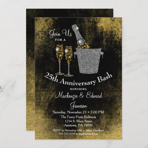 Champagne Anniversary Invitation Black Gold Silver