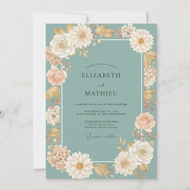 Champagne Aqua Dahlia Wedding Invitation (Front)