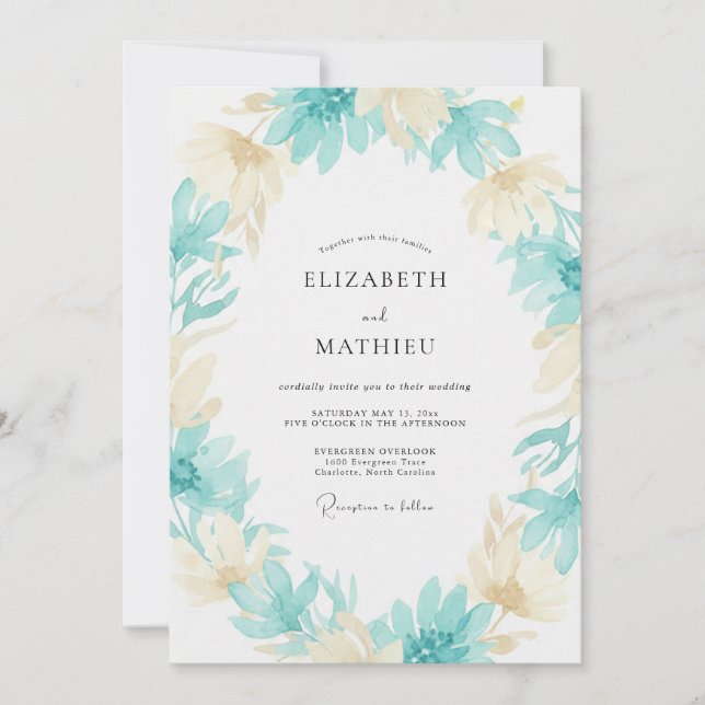 Champagne Aqua Leaf Wedding Invitation (Front)