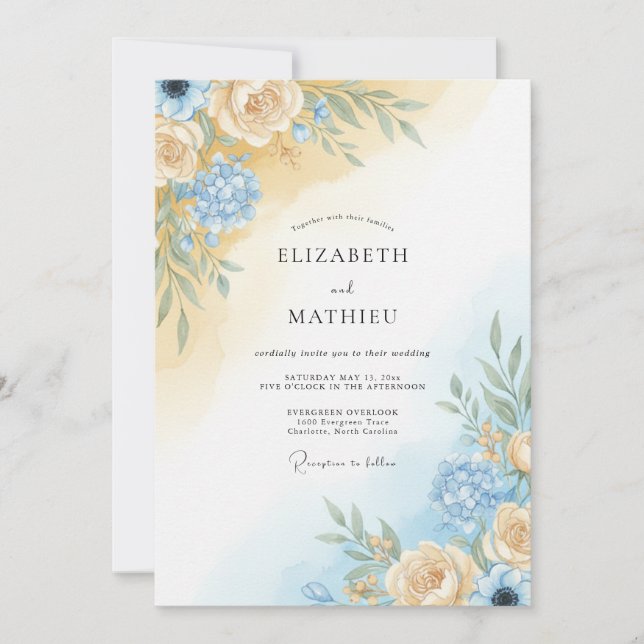 Champagne Azure Peony Wedding Invitation (Front)