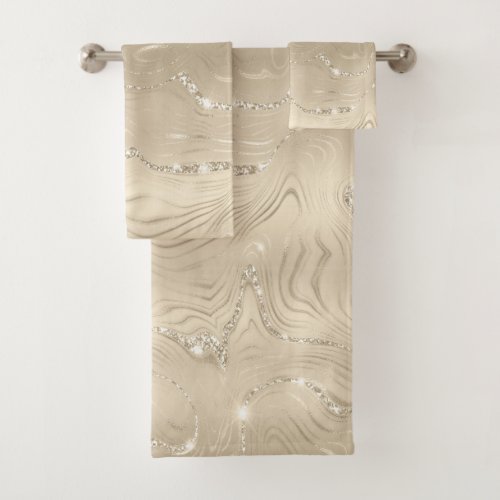 Champagne Background White and Beige Glitter Bath Towel Set