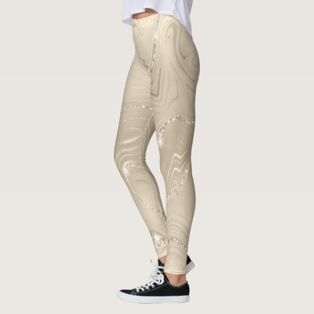 Champagne Background White and Beige Glitter Leggings (Left)