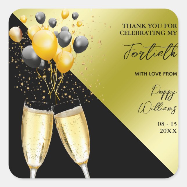 Champagne & Balloons 40th Birthday Square Sticker (Front)