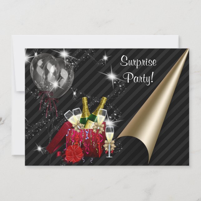 Champagne Balloons Black Surprise Birthday Party Invitation (Front)