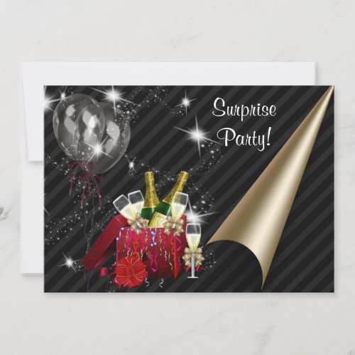 Champagne Balloons Black Surprise Birthday Party Personalized Invites