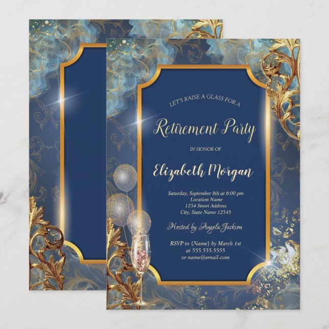 Champagne Balloons Retro Gold Frame Retirement  Invitation (Front/Back)
