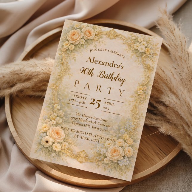 Champagne Baroque Floral Frame 90th Birthday Invitation (Creator Uploaded)