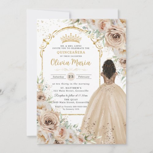 Champagne Beige Cream Floral Princess Quinceañera 