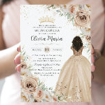 Champagne Beige Cream Floral Princess Quinceañera  Invitation<br><div class="desc">Personalize this elegant champagne floral Quinceañera / Sweet 16 birthday invitation easily and quickly. Simply click the customize it further button to edit the texts, change fonts and fonts colors. Featuring beautiful watercolor champagne flowers, a girl dressed in a lovely champagne ball gown and a champagne gold princess crown. Perfect...</div>