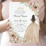 Champagne Beige Cream Floral Princess Quinceañera  Invitation<br><div class="desc">Personalize this elegant champagne floral Quinceañera / Sweet 16 birthday invitation easily and quickly. Simply click the customize it further button to edit the texts, change fonts and fonts colors. Featuring beautiful watercolor champagne flowers, a girl dressed in a lovely champagne ball gown and a champagne gold princess crown. Perfect...</div>