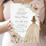 Champagne Beige Cream Floral Princess Quinceanera  Invitation<br><div class="desc">Personalize this elegant champagne floral Quinceañera / Sweet 16 birthday invitation easily and quickly. Simply click the customize it further button to edit the texts, change fonts and fonts colors. Featuring beautiful watercolor champagne flowers, a girl dressed in a lovely champagne ball gown and a champagne gold princess crown. Perfect...</div>