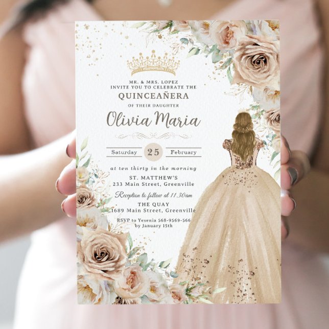 Champagne Beige Cream Floral Princess Quinceanera  Invitation (Creator Uploaded)