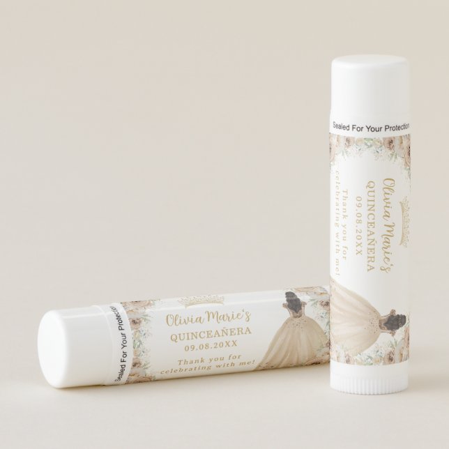 Champagne Beige Cream Floral Princess Quinceañera Lip Balm (Front)