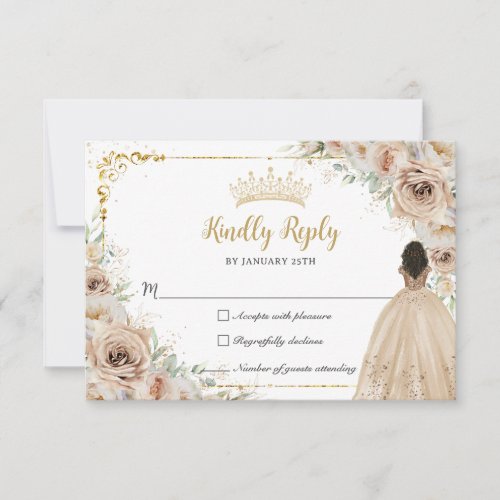 Champagne Beige Cream Floral Princess Quinceaera  RSVP Card