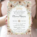 Champagne Beige Cream Floral Vintage Quinceañera  Invitation<br><div class="desc">Personalize this elegant champagne floral Quinceañera / Sweet 16 birthday invitation easily and quickly. Simply click the customize it further button to edit the texts,  change fonts and fonts colors. Featuring beautiful watercolor champagne flowers and a champagne gold princess crown. Matching items available in store. (c) Somerset Fine Paperie</div>