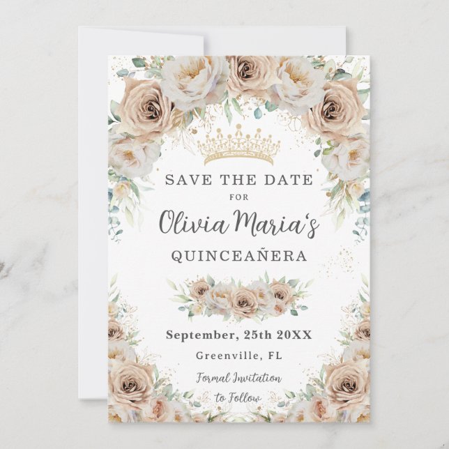 Champagne Beige Cream Gold Floral Quinceañera Save The Date (Front)