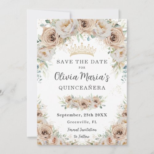 Champagne Beige Cream Gold Floral Quinceaera Save The Date