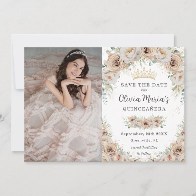Champagne Beige Cream Gold Floral Quinceañera Save The Date (Front)