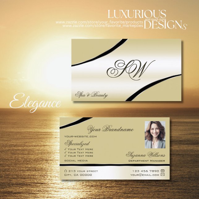 Champagne Beige Curved Decor Lines Monogram Photo Business Card (Creator Uploaded)