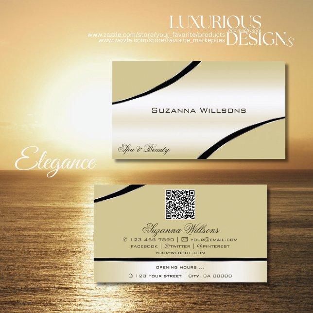 Champagne Beige Curved Decor Lines with QR Code Business Card (Creator Uploaded)